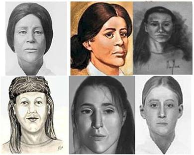 The many reconstructions of the Lady Of The Dunes’ face. Photo: Gourami Watcher via Wikimedia